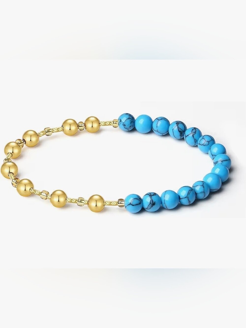 Blue Turquoise Stretch Bracelet, 6MM Beaded 18K Gold Ball Two in One